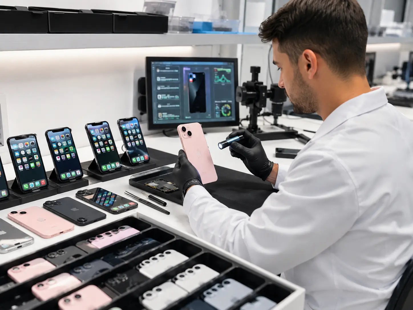 Technician performing screen and camera test on iPhone 15