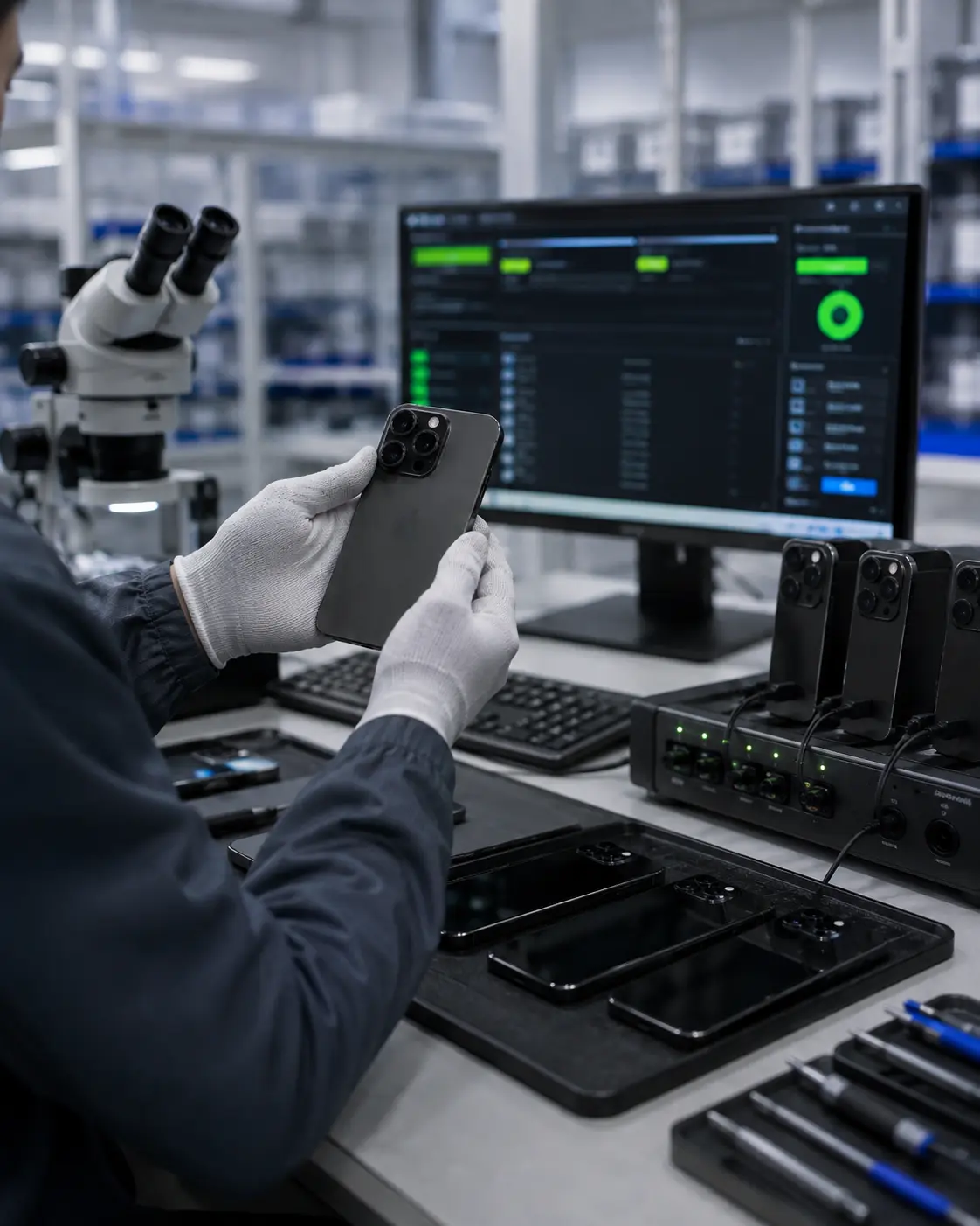 AI refurbishment lab workflow showing automated testing