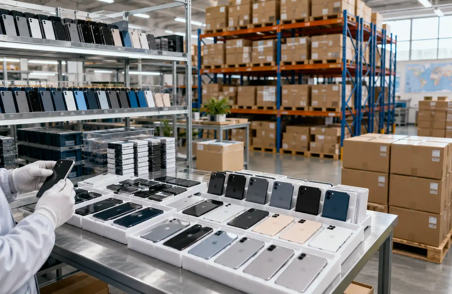 Warehouse shelves with refurbished stock
