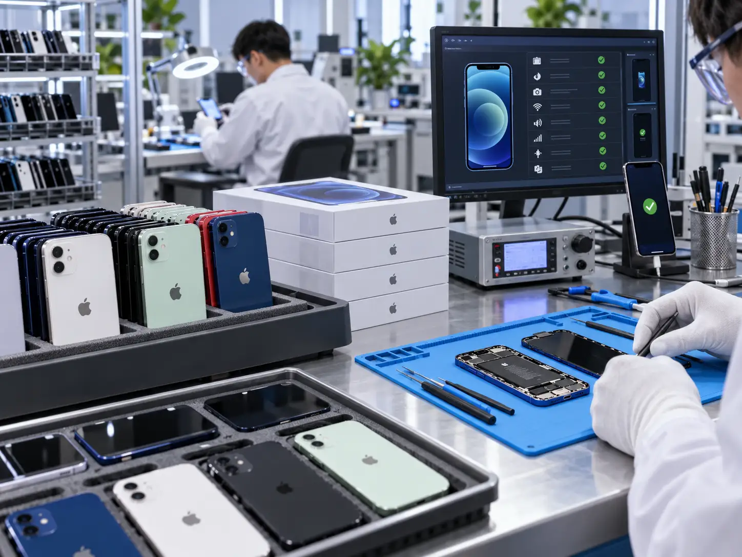 Refurbished iPhone 12 wholesale devices in testing laboratory
