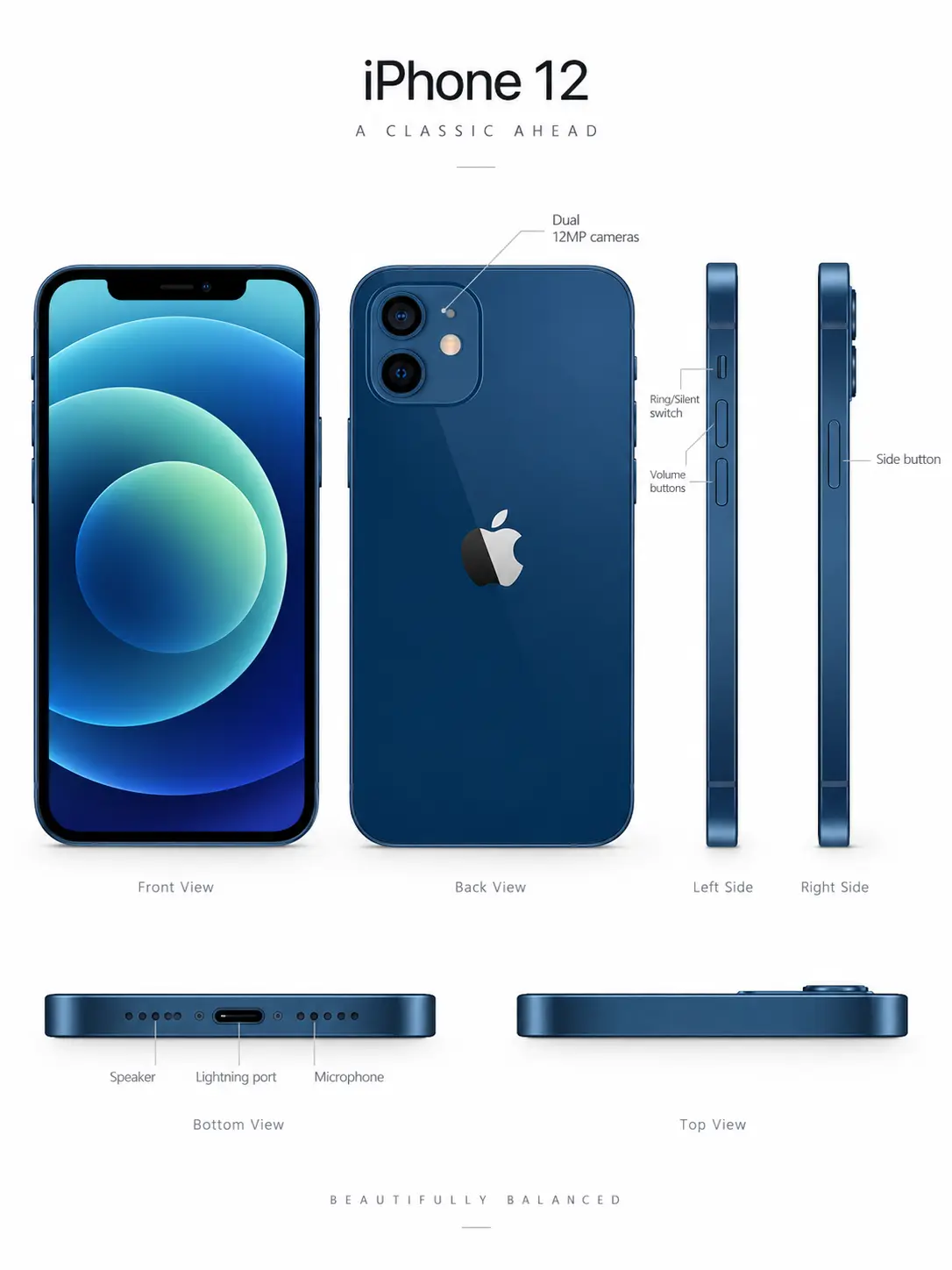 Technical diagram of iPhone 12 showing display, cameras, and ports