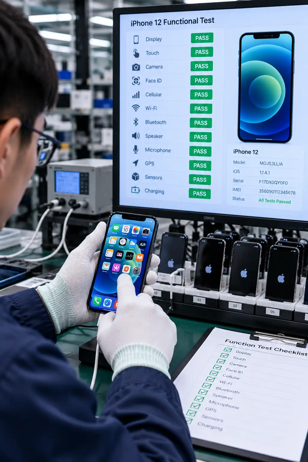 Technicians using diagnostic software and testing equipment on iPhone 12