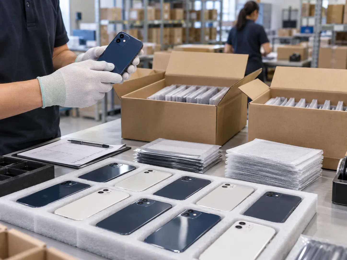 Inspected iPhone 12 devices being packed for shipment