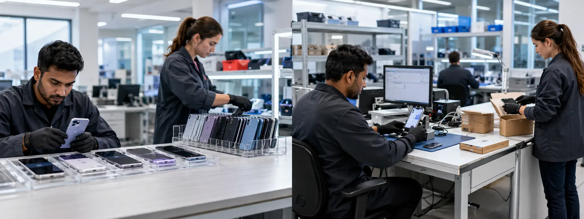 Technicians in mobile device refurbishment lab
