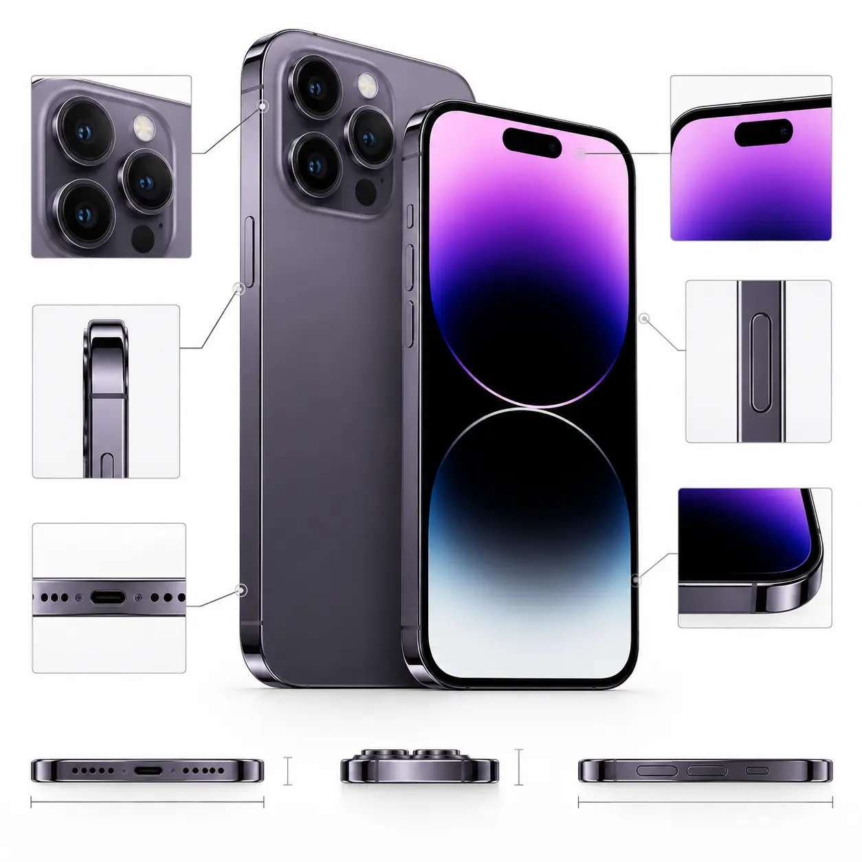 iPhone 14 Pro technical diagram highlighting display and cameras