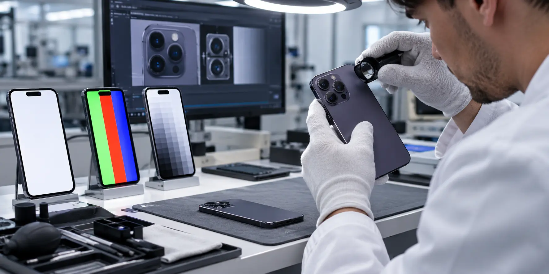 Technician testing iPhone 14 Pro cameras